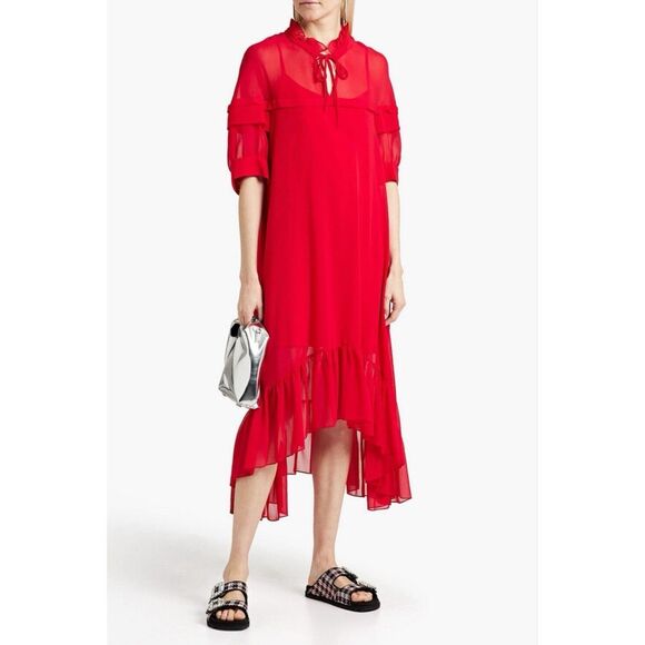 Sandro Womens Sheer Detachable Slip Ruffled Georgette Midi Dress Red Size 40 - Picture 1 of 16